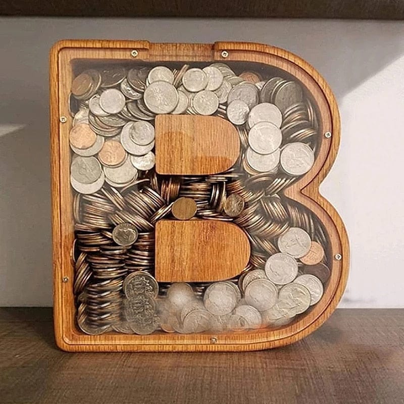 26 Letter Piggy Bank Wooden Coin Money Saving Box Jar Storage Box for Kids