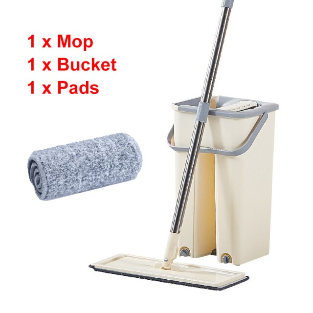 Hand Free Wringing Flat Mop Bucket Microfiber Mop Pads Wet/Dry Usage Home Cleaning