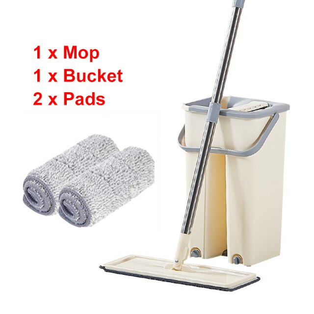 Hand Free Wringing Flat Mop Bucket Microfiber Mop Pads Wet/Dry Usage Home Cleaning